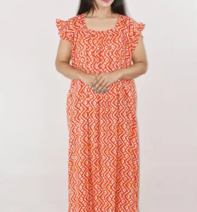 Bdrox Cotton Red Maxi Nighty Square Neck Short Sleeves with pleats