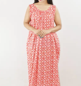Blue Cotton Maxi Nighty Round Neck & Sleeveless