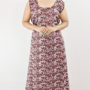 Maroon Cotton Maxi Nighty Round Neck & Sleeveless