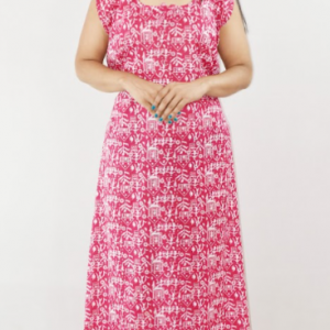 Pink Cotton Maxi Nighty Round Neck & Sleeveless