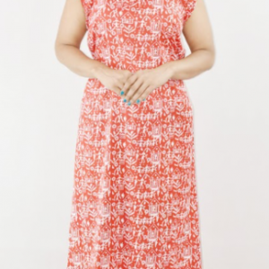 Red Cotton Maxi Nighty Round Neck & Sleeveless