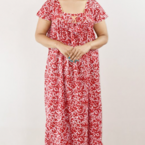 Red Maxi Nighty Square Neck Short Sleeve With Pipien