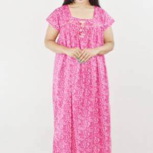 Bdrox Cotton Pink Maxi Nighty Square Neck Short Sleeves with Pipien