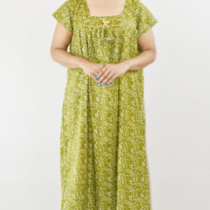 Bdrox Cotton Green Maxi Nighty Square Neck Short Sleeves with Pipien