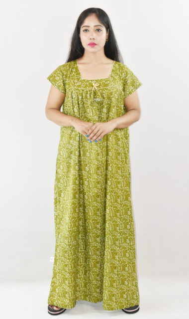Bdrox Cotton Green Maxi Nighty Square Neck Short Sleeves with Pipien