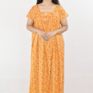 Bdrox Cotton Yellow Maxi Nighty Square Neck Short Sleeves with Pipien