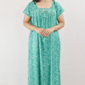 Bdrox Cotton Blue Maxi Nighty Square Neck Short Sleeves with Pipien