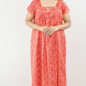 Bdrox Cotton REd Maxi Nighty Square Neck Short Sleeves with Pipien