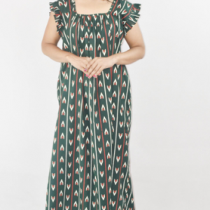Green Cotton Maroon Maxi Nighty Square Neck Short Sleeves with pleats