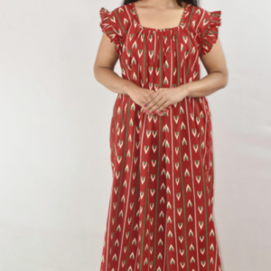 Pink Cotton Maroon Maxi Nighty Square Neck Short Sleeves with pleats