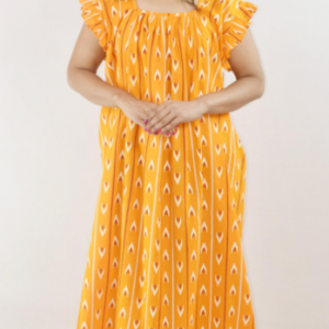 Yellow Cotton Maroon Maxi Nighty Square Neck Short Sleeves with pleats