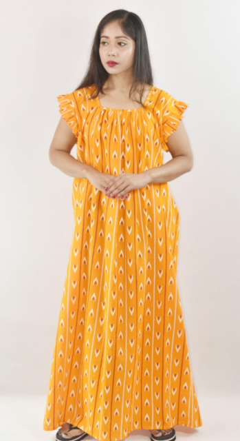 Yellow Cotton Maroon Maxi Nighty Square Neck Short Sleeves with pleats