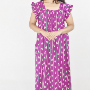 Purple Cotton Maroon Maxi Nighty Square Neck Short Sleeves with pleats