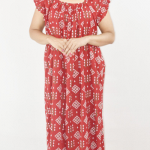 Bdrox Cotton Red Maxi Nighty Square Neck Short Sleeves with pleats