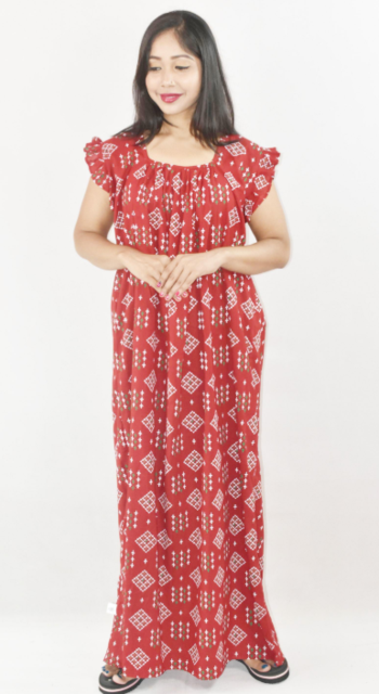 Bdrox Cotton Red Maxi Nighty Square Neck Short Sleeves with pleats