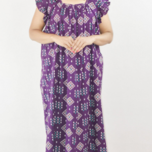 Puple Cotton Maroon Maxi Nighty Square Neck Short Sleeves with pleats