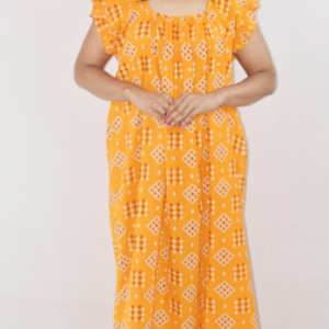 Yellow Cotton Maroon Maxi Nighty Square Neck Short Sleeves with pleats