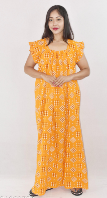 Yellow Cotton Maroon Maxi Nighty Square Neck Short Sleeves with pleats