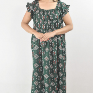 Green Cotton Maroon Maxi Nighty Square Neck Short Sleeves with pleats