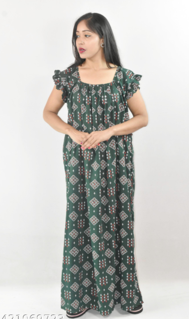 Green Cotton Maroon Maxi Nighty Square Neck Short Sleeves with pleats