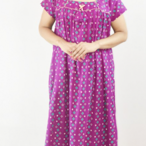 Bdrox Cotton Purple Maxi Nighty Square Neck Short Sleeves with Pleats