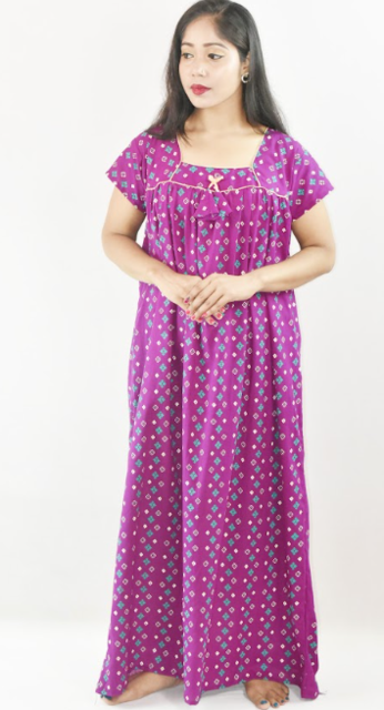 Bdrox Cotton Purple Maxi Nighty Square Neck Short Sleeves with Pleats