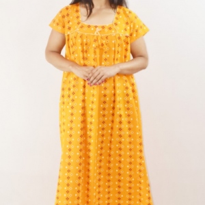 Yellow Cotton Maroon Maxi Nighty Square Neck Short Sleeves with pleats