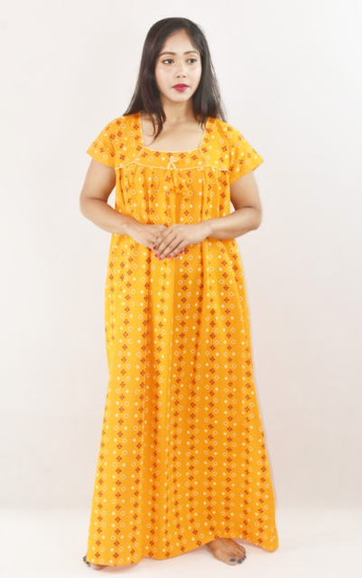 Yellow Cotton Maroon Maxi Nighty Square Neck Short Sleeves with pleats