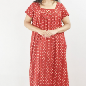 Red Cotton Maroon Maxi Nighty Square Neck Short Sleeves with pleats