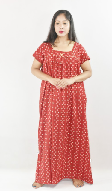 Red Cotton Maroon Maxi Nighty Square Neck Short Sleeves with pleats