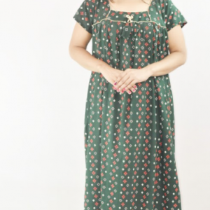 Green Cotton Maroon Maxi Nighty Square Neck Short Sleeves with pleats