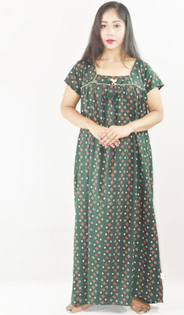 Green Cotton Maroon Maxi Nighty Square Neck Short Sleeves with pleats