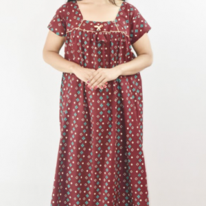 Bdrox Cotton Maroon Maxi Nighty Square Neck Short Sleeves with Pipien