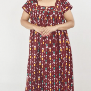 Bdrox Cotton Maroon Maxi Nighty Square Neck Short Sleeves with Pipien