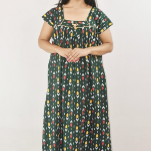 Green Cotton Maroon Maxi Nighty Square Neck Short Sleeves with Pipien