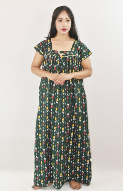 Green Cotton Maroon Maxi Nighty Square Neck Short Sleeves with Pipien