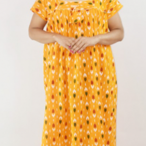 Yellow Cotton Maroon Maxi Nighty Square Neck Short Sleeves with Pipien