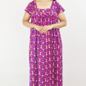 Purple Cotton Maroon Maxi Nighty Square Neck Short Sleeves with Pipien