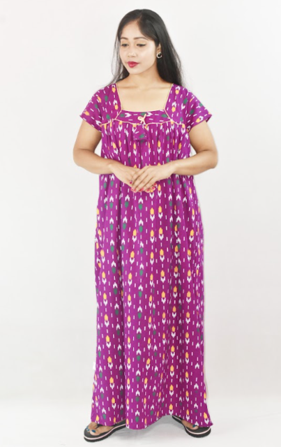 Purple Cotton Maroon Maxi Nighty Square Neck Short Sleeves with Pipien
