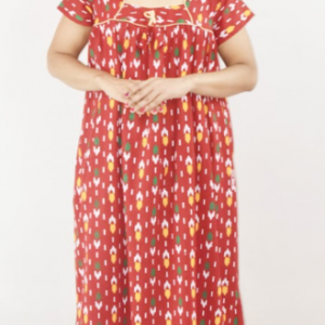 Red Cotton Maroon Maxi Nighty Square Neck Short Sleeves with Pipien