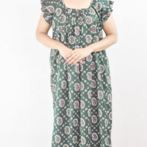 Bdrox Cotton Green Maxi Nighty Square Neck Short Sleeves with pleats