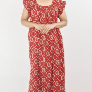 Red Cotton Maroon Maxi Nighty Square Neck Short Sleeves with Pleats