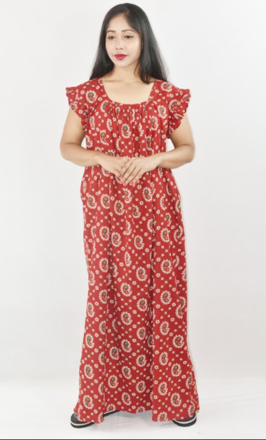 Red Cotton Maroon Maxi Nighty Square Neck Short Sleeves with Pleats