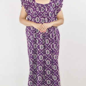Purple Cotton Maroon Maxi Nighty Square Neck Short Sleeves with Pleats
