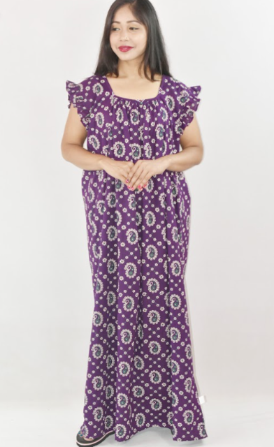 Purple Cotton Maroon Maxi Nighty Square Neck Short Sleeves with Pleats