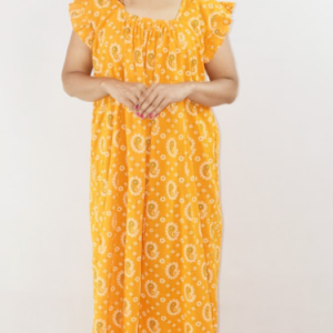 Yellow Cotton Maroon Maxi Nighty Square Neck Short Sleeves with Pleats