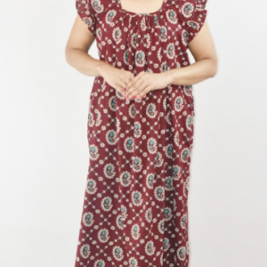 Maroon Cotton Maroon Maxi Nighty Square Neck Short Sleeves with Pleats