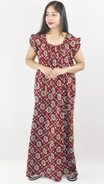 Maroon Cotton Maroon Maxi Nighty Square Neck Short Sleeves with Pleats