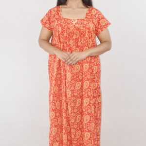 BDROX Red Cotton Maxi Nighty Square Neck Short Sleeves with Pipien