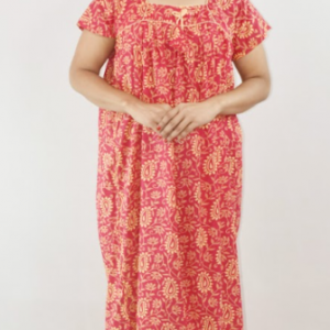 Pink Red Cotton Maxi Nighty Square Neck Short Sleeves with Pipien